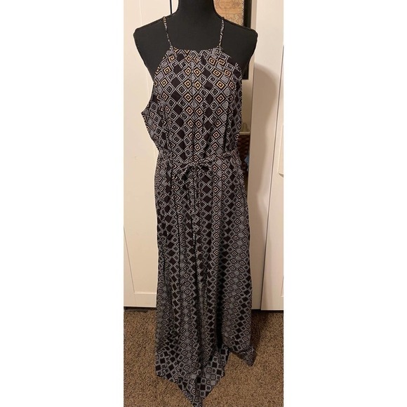 ADAM Levine Black Geometric Halter Maxi Dress Size Large Made In India - Picture 1 of 9